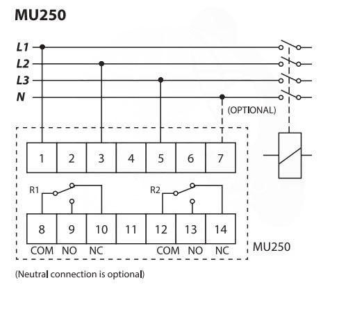 Sơ đồ kết nối Relay Bảo Vệ Điện Áp MU250-415V MIKRO